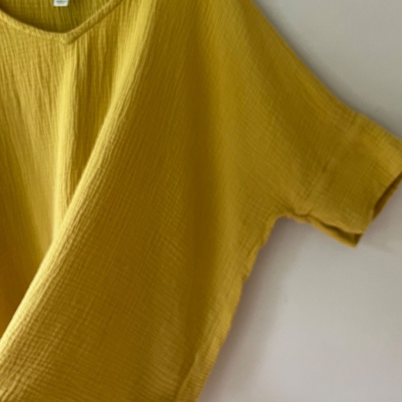 Joie Sz L Oversized Gauze Mustard Tunic Blouse Cotton Short Sleeve V Neck - Picture 3 of 9